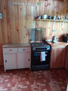 a kitchen with a black stove and wooden walls at Cabaña Gloria in Coñaripe