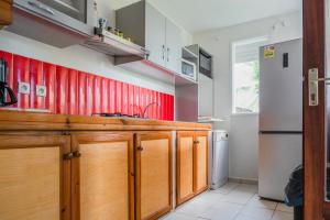 a kitchen with wooden cabinets and a red wall at Domaine De Marly, 3 étoiles in Sainte-Anne