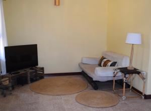 a living room with a couch and a flat screen tv at Stasumo House Arusha in Arusha