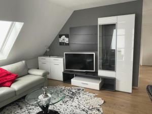 een woonkamer met een bank en een tv bij Ferienwohnung Wilzenbergblick in Schmallenberg