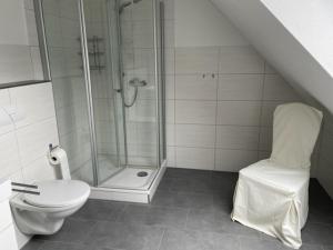 ein Badezimmer mit Dusche und Toilette in der Unterkunft Ferienwohnung Wilzenbergblick in Schmallenberg + 7 Fotos