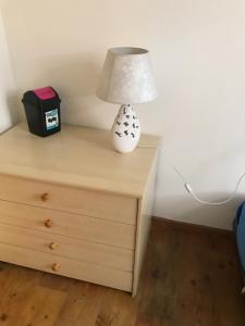 een tafel met een lamp op een dressoir bij Casa Stablum in Malè