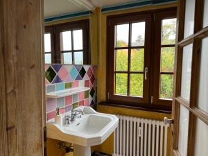 a bathroom with a sink and two windows at Petite Bellevue in Baden-Baden