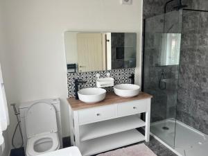 a bathroom with a toilet and a sink and a shower at Shared house on Lakewood crescent in Bristol