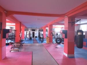 a gym with red columns and tread machines at Apartman Lavanda Banja Koviljaca in Banja Koviljača