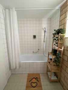 uma casa de banho com um chuveiro e uma banheira em Family M Apartments 1 em Kappel bei Olten