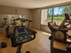 Posilňovňa alebo fitness centrum v ubytovaní Gîte rénové avec piscine chauffée, sauna, fitness et jardin à Salles-de-Barbezieux - FR-1-653-218