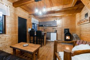 a kitchen and living room with a stove in a cabin at Wellness chata Sloupnice in Sloupnitz
