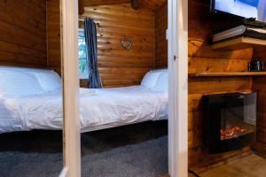 a bedroom with a bed and a fireplace in a log cabin at Mountain View Log Cabin - Snowdonia in Tanygrisiau