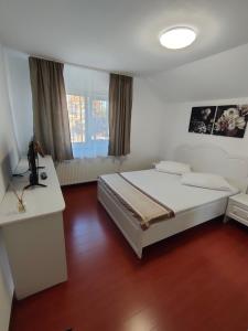 Schlafzimmer mit einem Bett, einem Schreibtisch und einem Fenster in der Unterkunft "Apartament"-Casa Genius in Ploieşti