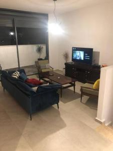 a living room with a couch and a tv at Stunning four bedroom duplex in central Raanana in Ra‘ananna