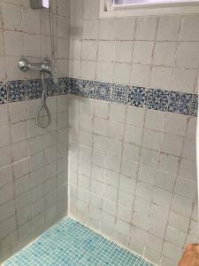 y baño con ducha y azulejos azules y blancos. en Casa típica aragonesa., en Caspe