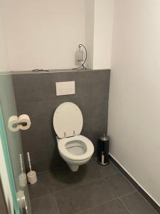 a bathroom with a white toilet in a stall at Ruhiges Appartement im Grünen in Graz