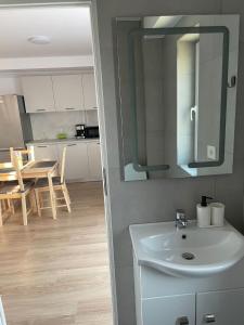 een badkamer met een wastafel en een keuken met een tafel bij Penthouse DH Apartments in Oradea