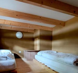 Un dormitorio con dos camas en una habitación. en Naturcamping Brettmühlenteich, en Zschorna