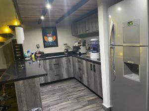 a kitchen with a refrigerator, stove, sink and cabinets at Independencia Dos 7 Hotel Boutique in Querétaro