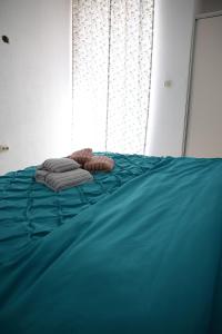 Una cama con sábanas azules y toallas. en Cavleski apartment, en Prilep