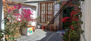 a courtyard with flowers and a door with a window at LA CASA DE CLAU in Sarandí
