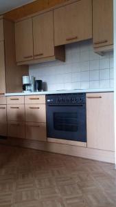 a kitchen with a blue stove and cabinets at Landhaus Flatscher in Piesendorf