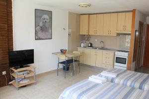 a bedroom with a bed and a small kitchen at Acuarium 1 - Zand Properties in Benidorm