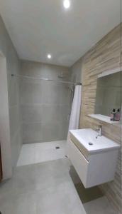 ein Badezimmer mit einem weißen Waschbecken und einer Dusche in der Unterkunft Casita Amarilla in Santa Cruz