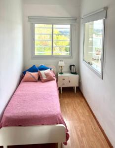a bedroom with a bed with a pink blanket and two windows at Habitación Caléndulas- Hospedaje Lo De Juan Y Mabel in Tandil