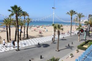 een uitzicht op een strand met palmbomen en mensen bij Las Palmeras - Zand Properties in Benidorm