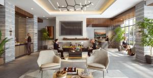 a rendering of a lobby with people sitting in chairs at Luxe Downtown Condo with Amenities 78 in Salt Lake City