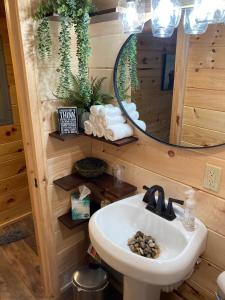 a bathroom with a sink and a mirror at Knotty Pines Cabin near Kentucky Lake, TN in Springville