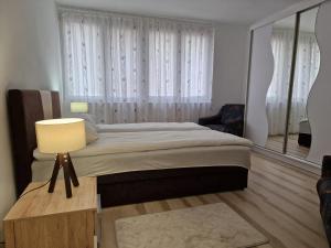 a bedroom with a bed with a lamp and a window at Apartman Lana in Bosanski Novi