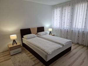 Bosanski Novi的住宿－Apartman Lana，一间卧室配有一张带两盏灯和窗帘的床。