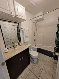 uma casa de banho com um lavatório, um WC e um chuveiro em Valleyview em Courtenay