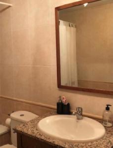 uma casa de banho com um lavatório, um espelho e um WC. em CHECK IN CASAS Casa Elson em Cerler