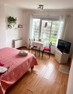 1 dormitorio con cama, mesa y TV en Habitación Hemerocallis - Hospedaje Lo De Juan y Mabel en Tandil