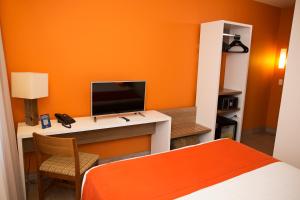 Partner Caxias do Sul في كاكسياس دو سول: غرفة نوم بسرير ومكتب مع تلفزيون
