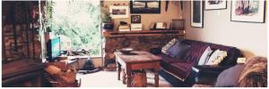 ein Wohnzimmer mit einem Sofa und einem Tisch in der Unterkunft Forest Edge in Barrytown