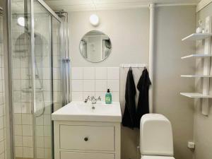 y baño con lavabo, ducha y aseo. en Holiday home KÖPMANNEBRO II, en Köpmannebro