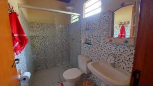 a bathroom with a toilet and a sink and a mirror at Chalés Flor de Manacá in Alto Paraíso de Goiás