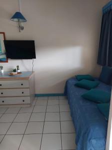 1 dormitorio con 1 cama y vestidor con TV en Res MARINA-CARAYOU 1 en Les Trois-Îlets