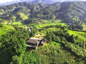 an aerial view of a mountain with a house in the forest at Mu Cang Chai Homestay & Trekking in Mù Cang Chải