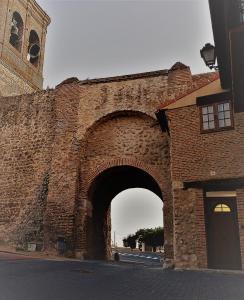 an old brick wall with an arch in front of a building at Magia en el Arco in Olmedo