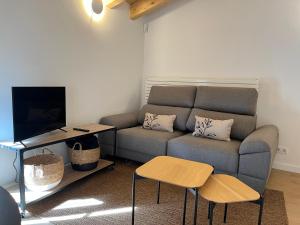 a living room with a couch and a tv at Apartaments ApturVic en el Centre Històric in Vic