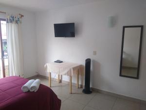a bedroom with a table and a mirror and a television at Hospedaje Anayauhcalli in Tepoztlán