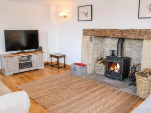 a living room with a fireplace and a tv at Camden Cottage in Kidderminster