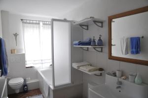 a bathroom with a mirror and a sink and a toilet at Gartenhaus - a68978 