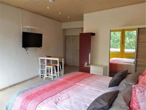 Schlafzimmer mit einem Bett, einem Schreibtisch und einem TV in der Unterkunft Tante Emma San Francisco in Paderborn