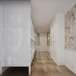 a hallway with white walls and wood floors at Hangzhou Lighting Lanshan Youth Hostel in Hangzhou