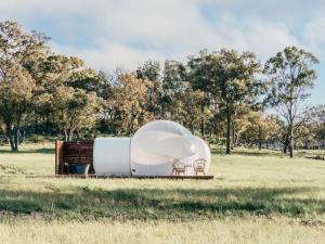 una gran tienda de campaña en una cúpula sentada en un campo en Mirumiru Bubbletent, en Tenterfield