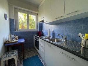 a blue tiled kitchen with a sink and a window at Ascona: Casa Lido Golf in Ascona