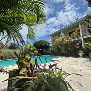 Vaea Hotel Samoa في أبيا: بيت فيه مسبح وبعض النباتات